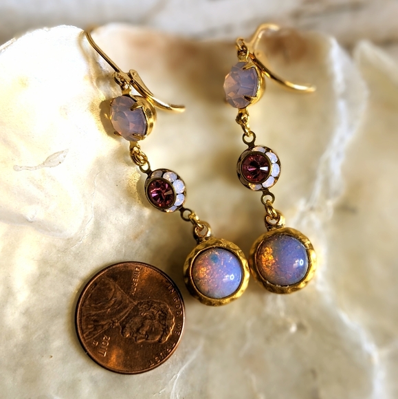 Pink Mystic Fire Opal & Swarovski Rose Opal W/ Crystal Flower Dangle Earrings - Picture 6 of 7